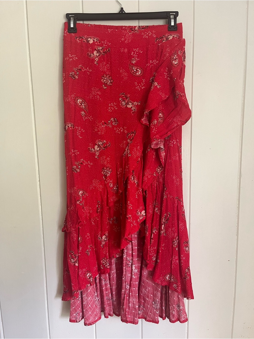 Torrid Red Paisley Floral Ruffle Maxi Skirt Boho Cottagecore, Size 2/2x